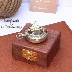 Collectiblesbuy 779205243467 Marine Sundial Compass With Nautical Solid Wooden Box Vintage Small Brass #3