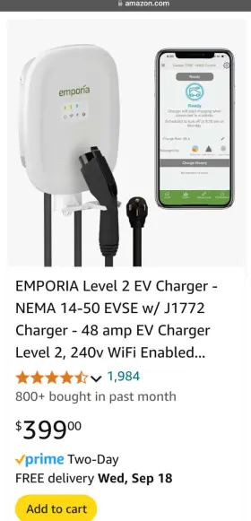 Emevse1-a-h-j Emporia New - Ev Charger J1772 White. 14-50 Plug Version For Non Tesla