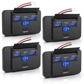Gibbab 717956090329 4pcs 72w 3 Ports 12v Rv Usb Switch Outlet With Voltmeter 36w Pd3.0 Ty