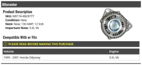 Marketplace Auto Parts 195103106954 Alternator - 130 Amp Compatible With 1999-2001 Honda Odyssey 3.5l V6 #2