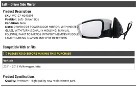 W0127-h243598 Marketplace Auto Parts Left Driver Side Power Mirror - Manual Folding With Heated Glass Turn Signal #2