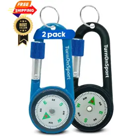Turnonsport 850044024131 2 Pack Carabiner Clip On Compass Hiking - Compact Keychain Black