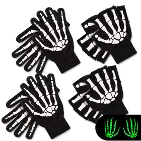 Whaline 682601635166 4 Pairs White Skeleton Gloves Halloween 6.3lx4.7w 8.7lx4.7w Black