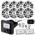 Marine Receiver, 8X 6.5" 180W White Speakers, 2X Amp W/kit, Splitter, Antenna. Fixed Price $1214.99.